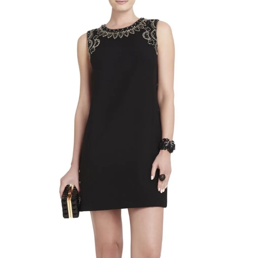 BCBMaxazria Lilah Beaded Shift Dress Sleeveless LBD Black Sz XXS